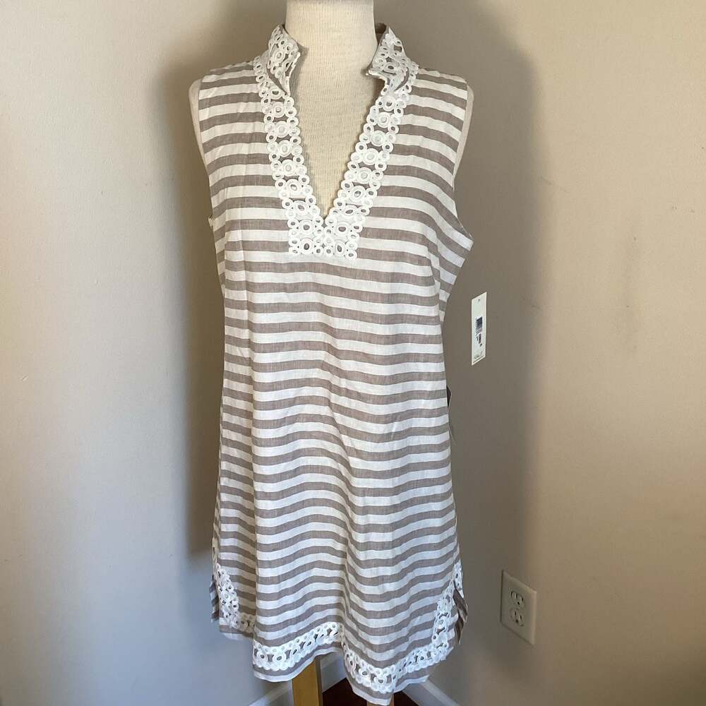 Eliza J Striped Linen-Cotton Blend Shift Dress with Crochet Trim